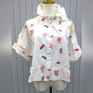 NWT Embroidered White Button-Up Caroline Constas Shirt Size M